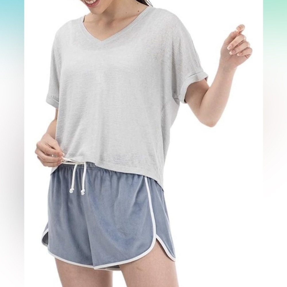 Women's Two-Piece Sleep Set - Light Gray Top & Dusty Blue Shorts